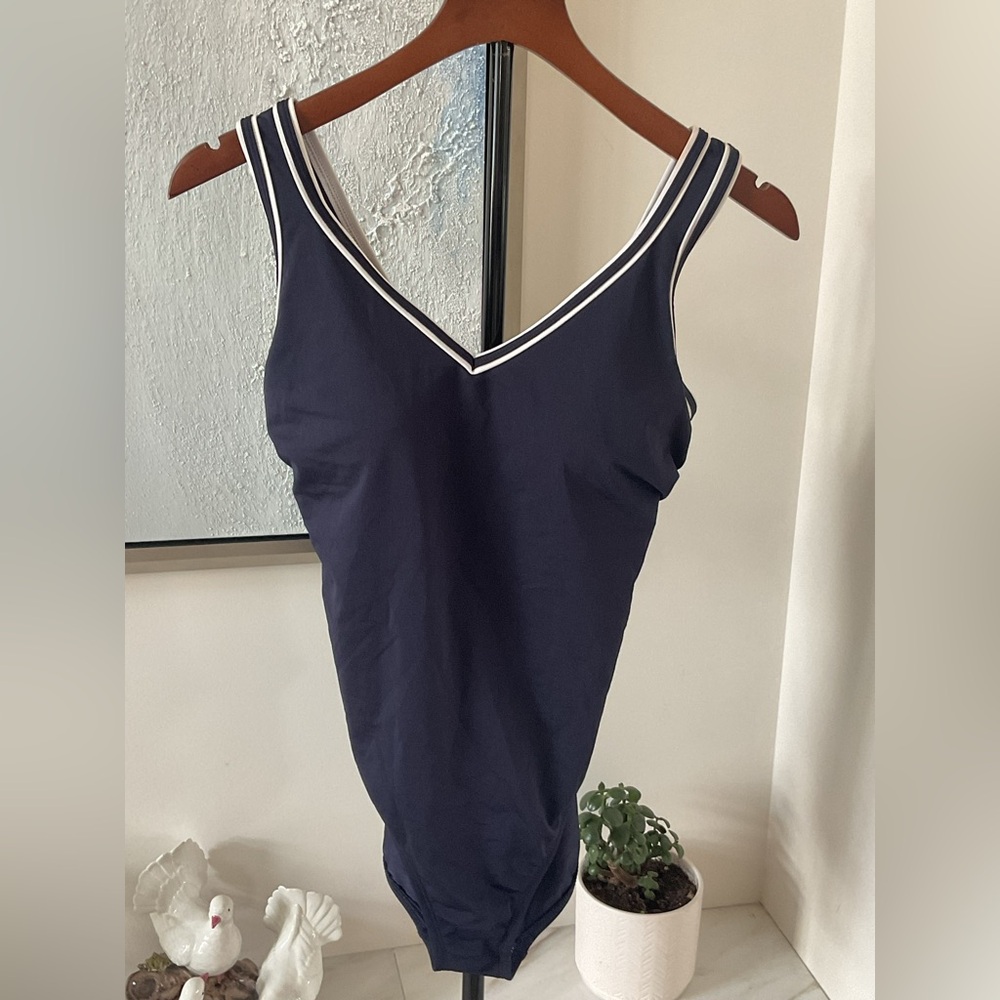 ***TYR Navy One Piece with White Straps with Open Back .